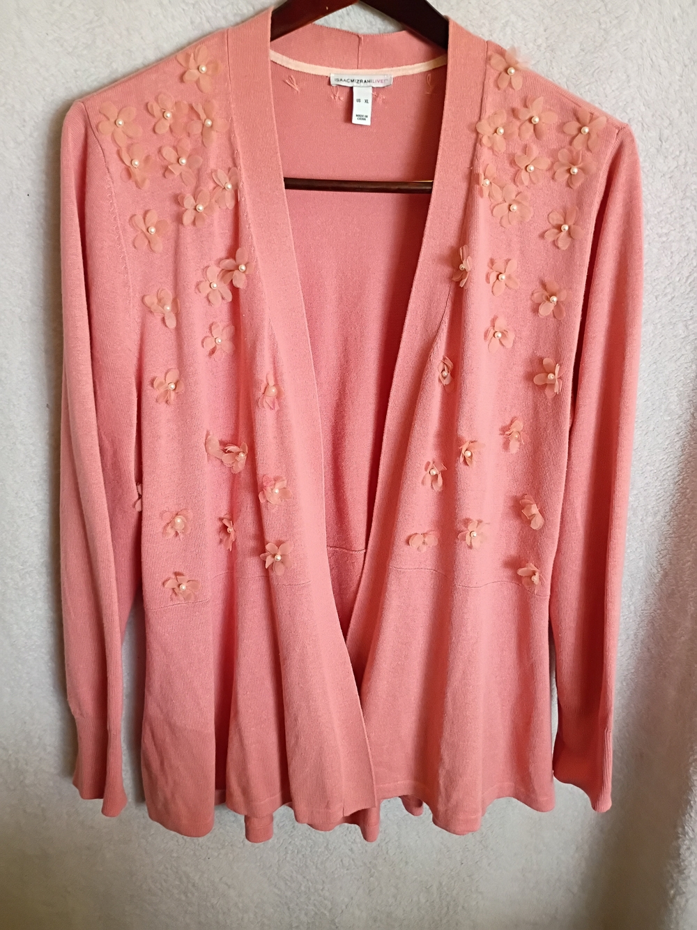 Isaac mizrahi Longer Coral Pink Floral Appliqué Open-Front Cardigan